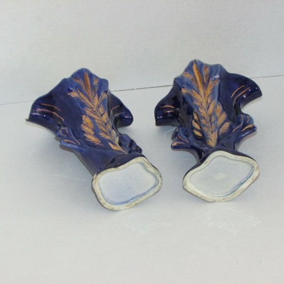 2 Antique Vases JACK-IN-THE PULPIT Ceramic Hand Painted Cobalt Blue Gold Vintage - Picture 7 of 10